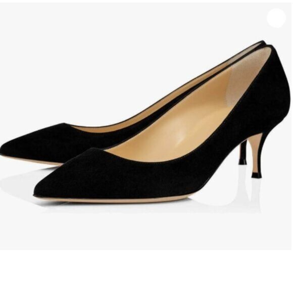 FSJ Women Classic Kitten Heels Pointy Closed Toe Pumps Slip On Office Black - Picture 1 of 8